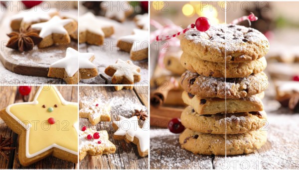 Collage of Christmas cookies and sweets, variation of sweet desserts, lots of unhealthy calories, soft golden light, festive wallpaper background, AI generated