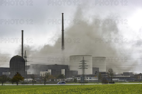 Demolition of the 160m high cooling towers of the disused Gundremmingen nuclear power plant (AKW KRB), Gundremmingen, Bavaria, Germany