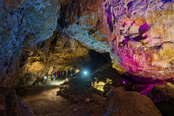 Coloured lighting, fog cave, stalactite cave in the Swabian Jura, stalactites, stalactite forest, interior view, Lichtenstein, Baden-Württemberg, Germany