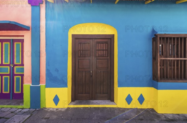 Colorful colonial architecture of historic center of Flores, Guatemala