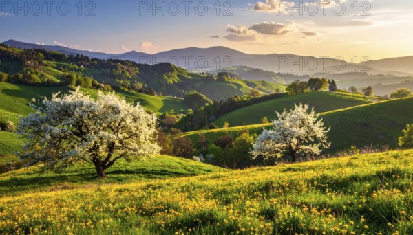 Spring blooming landscape, trees in the foreground, green hills covered with blooming flowers, clear blue sky at sunset, vacation and holiday concept, beauty of nature, AI generated