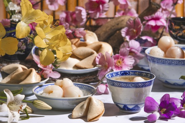 Lychee, lychee wine and fortune cookies in Asian tableware surrounded by blossoms