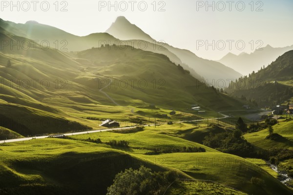 Mountain landscape, sunrise, Hochtannbergpass, Biberkopf, Warth, Bregenzerwald, Vorarlberg, Alps, Austria