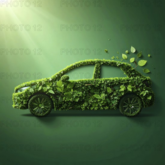 Car formed by green leaves and branches. Sustainable Car technology, ecology concept in harmony with nature, abstract wallpaper illustration, AI generated