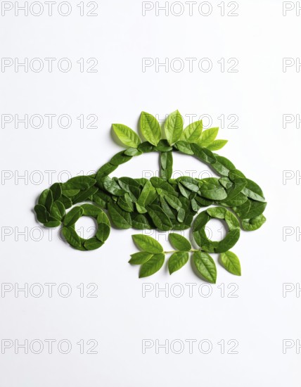 Car formed by green leaves and branches. Sustainable Car technology, ecology concept in harmony with nature, abstract wallpaper illustration, AI generated