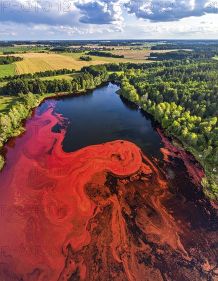 Red algae plant on the lake. abstract ecology nature concept, wild landscape with vibrant red colored water and green forest on a sunny day in summer, Aerial view, wilderness nature with no people around, AI generated