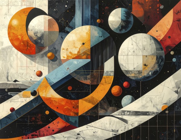 Vector art illustration, spheres, rectangles, triangles and geometric pattern, vector wallpaper illustration, textured background in vibrant colors, abstract drawing, simple artwork design for template or banner, AI generated