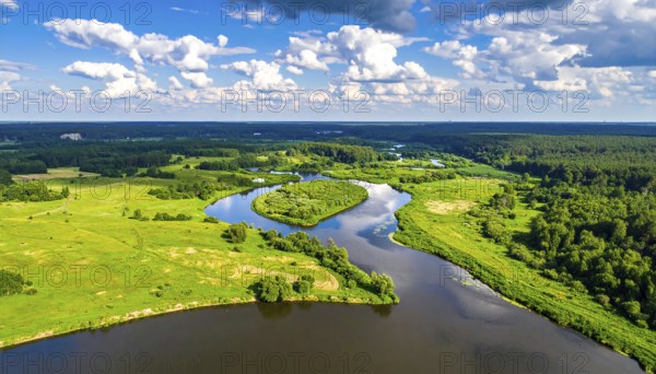 Ecology and environment concept. Green wilderness nature from above. Aerial view on meandering river landscape with trees and meadows. Healthy nature with tranquil atmosphere, AI generated