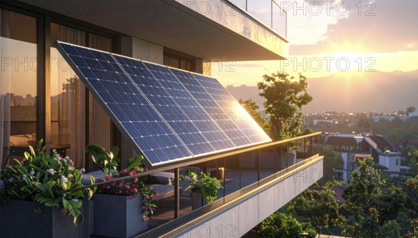 Sunlight Glinting Off Solar Panels on Contemporary Apartment Balcony, energy solution, concept of sustainable energy and environment protection, AI generated