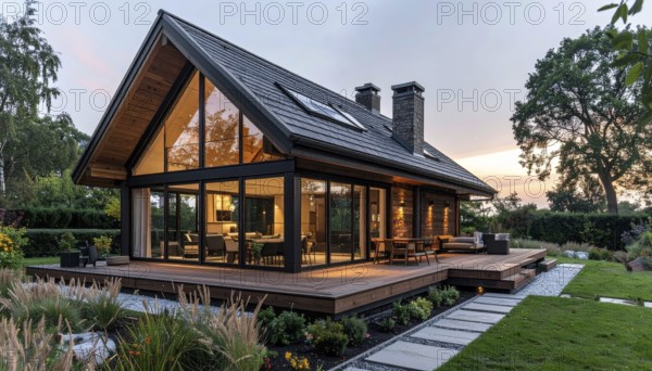 Modern Extension on a Traditional Cottage with Glass and Wood Architecture, green garden with plants and trees in the wilderness, evening soft twilight, on a clear sky, lights insight, AI generated