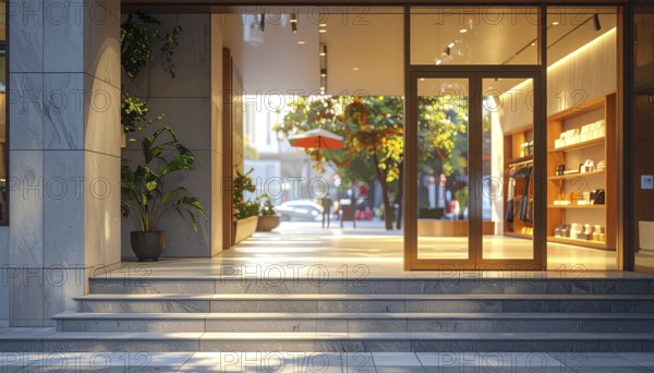 Modern building entrance with stairs, glass facade, and plants in warm evening light, empty storefront entrance with a gently stairs access, modern building with glass facade, blurred background, soft sunlight at evening, no people, AI generated