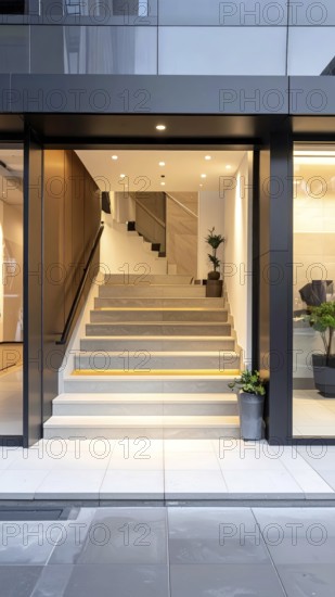 Modern building entrance with stairs, glass facade, and plants in warm evening light, empty storefront entrance with a gently stairs access, modern building with glass facade, blurred background, soft sunlight at evening, no people, AI generated