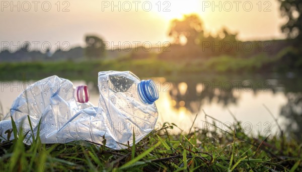 Crushed plastic water bottle waste in a wild landscape, symbol for nature protection, waste avoidance, recycling and ecology concepts on earth environment, AI generated