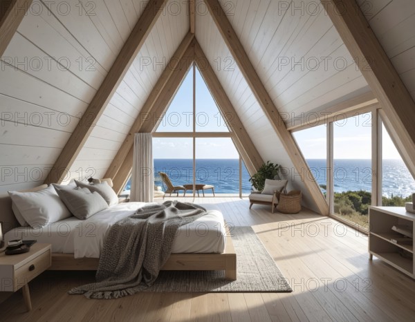 Peaceful A-frame cabin interior with ocean views, real estate lifestyle and travel destination, Comfortable minimalist sanctuary embraced by natural beauty and stunning coastal scenery, clear blue sky, AI generated