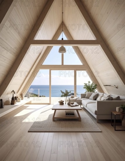 Peaceful A-frame cabin interior with ocean views, real estate lifestyle and travel destination, Comfortable minimalist sanctuary embraced by natural beauty and stunning coastal scenery, clear blue sky, AI generated