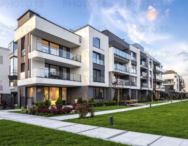 New modern block of flat, condo architecture, Residential apartment as a flat, luxury house complex, City real estate property, green garden plants in front, clear blue sky with golden evening light, AI generated