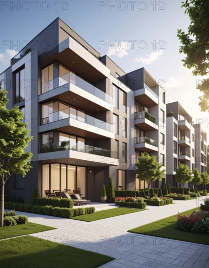 New modern block of flat, condo architecture, Residential apartment as a flat, luxury house complex, City real estate property, green garden plants in front, clear blue sky with golden evening light, AI generated