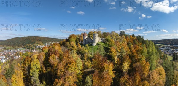 Aerial view, panorama of the ruins of Honburg Castle on the Honberg above the town of Tuttlingen, surrounded by autumn vegetation, Tuttlingen district, Black Forest, Baar, Heuberg, Baden-Württemberg, Germany