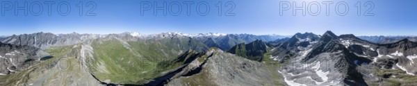 360° alpine panorama, aerial view with summit of Grossvenediger, Venediger Group and Lasörling Group, Hohe Tauern, Austria
