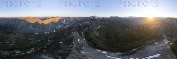 Sunrise 360° Alpine panorama, aerial view of Bachlenkenkopf, summit of the Großvenediger, Venediger Group and Lasörling Group, Hohe Tauern, Austria