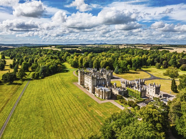 Floors Castle and garden from a drone, Duke of Roxburghe, Roxburghshire, Scotland, UK