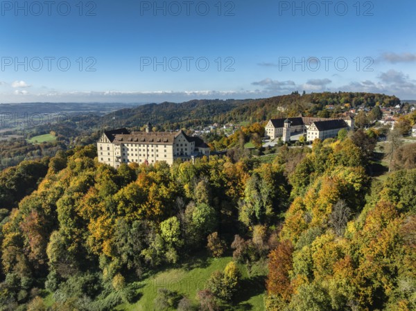 Aerial view of Heiligenberg Castle, a Renaissance-style palace complex, Tübingen administrative district, Lake Constance, Linzgau, Baden-Württemberg, Germany