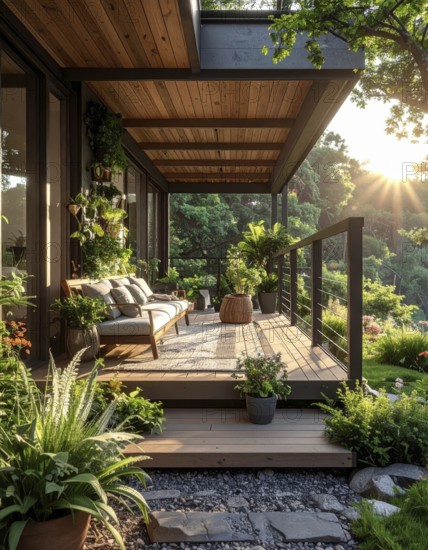 An eco-friendly porch designed for sustainable living in an environmentally-conscious home, lush greenery, landscape bathed in warm sunlight, AI generated
