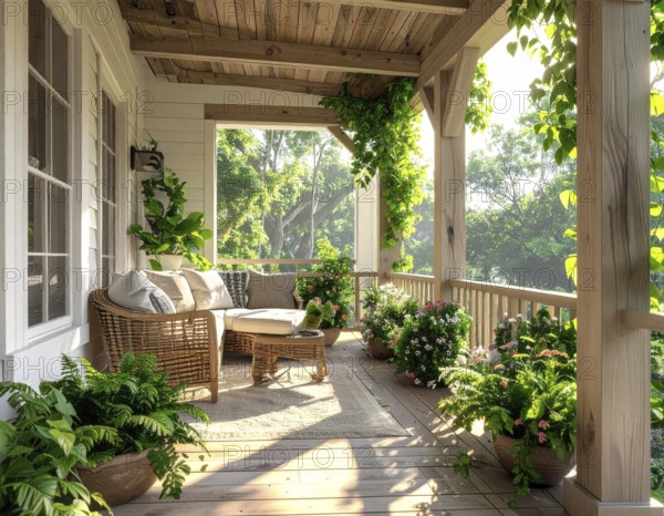 An eco-friendly porch designed for sustainable living in an environmentally-conscious home, lush greenery, landscape bathed in warm sunlight, AI generated