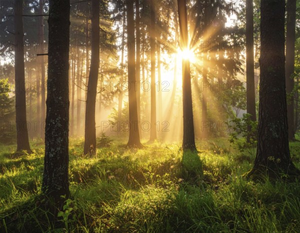 Sunlight streaming through a dense, misty forest, Fog covered forest in summer with mystic golden sunlight, spring morning landscape, backlight sunshine with sunbeams, AI generated
