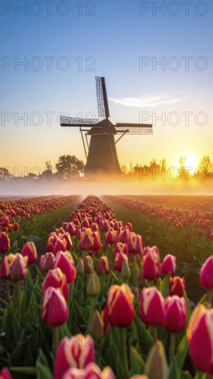 Fog covered landscape in sunrise with tulip fields and windmill in background, AI generated