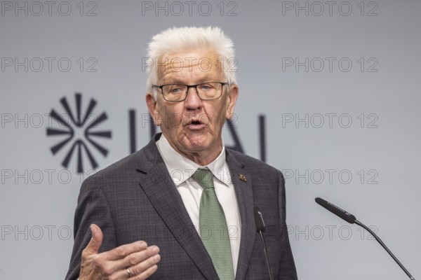 Winfried Kretschmann (Greens), Minister-President of Baden-Württemberg. portrait at the lectern with free text space. ground-breaking ceremony ceremony for the Innovation Park for Artificial Intelligence (IPAI), Heilbronn, Baden-Württemberg, Germany
