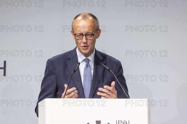 Federal Chancellor Friedrich Merz (CDU) . Portrait at the lectern with free text space. ground-breaking ceremony ceremony for the Artificial Intelligence Innovation Park (IPAI) . Heilbronn, Baden-Württemberg, Germany