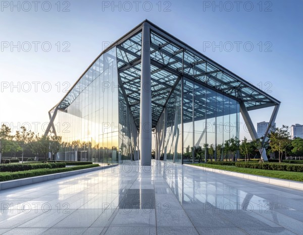 Modern architectural framework with glass and steel structure, glass facade with a greed of steel arrows, blue sky with a soft golden light of a sunrise, AI generated