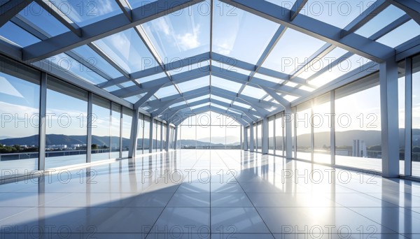 Modern architectural framework with glass and steel structure, glass facade with a greed of steel arrows, blue sky with a soft golden light of a sunrise, AI generated