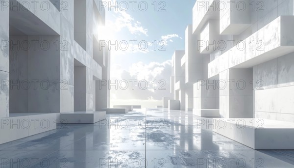 3d illustration of abstract modern architecture background, Minimal geometry architectural design, futuristic car presentation backdrop with empty concrete floor and clear simple lines, white and grey color tones, AI generated
