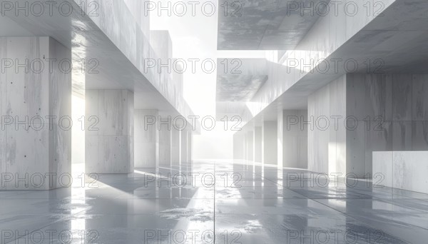3d illustration of abstract modern architecture background, Minimal geometry architectural design, futuristic car presentation backdrop with empty concrete floor and clear simple lines, white and grey color tones, AI generated