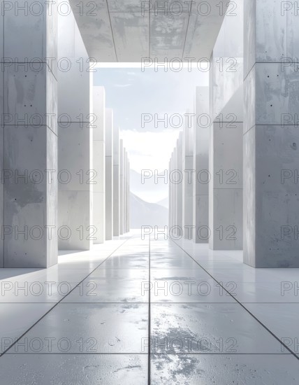 3d illustration of abstract modern architecture background, Minimal geometry architectural design, futuristic car presentation backdrop with empty concrete floor and clear simple lines, white and grey color tones, AI generated