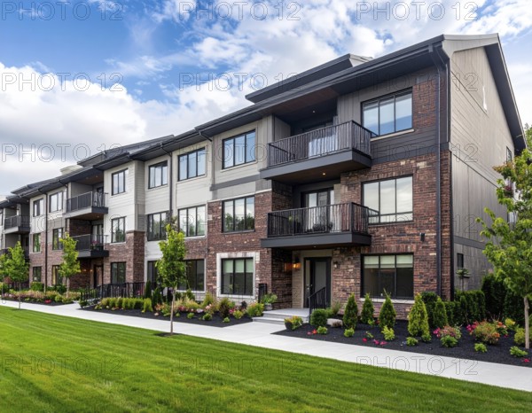 Modern apartment building with balconies and well-kept landscaping at sunset, Modern multifamily housing property with brick, siding facade features balconies, manicured lawns. Contemporary residential buildings offer urban living spaces, condominium options in scenic town, blue sky with a colorful sunrise, AI gererated, AI generated