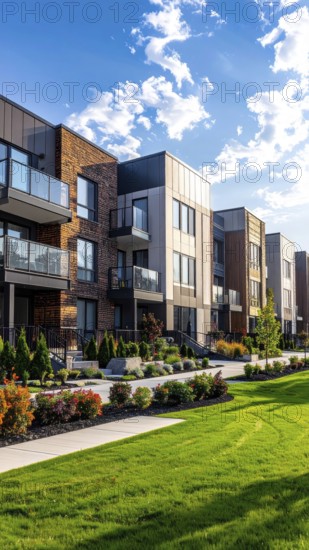 Modern apartment building with balconies and well-kept landscaping at sunset, Modern multifamily housing property with brick, siding facade features balconies, manicured lawns. Contemporary residential buildings offer urban living spaces, condominium options in scenic town, blue sky with a colorful sunrise, AI gererated, AI generated