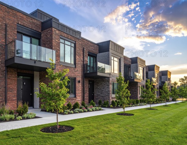 Modern apartment building with balconies and well-kept landscaping at sunset, Modern multifamily housing property with brick, siding facade features balconies, manicured lawns. Contemporary residential buildings offer urban living spaces, condominium options in scenic town, blue sky with a colorful sunrise, AI gererated, AI generated