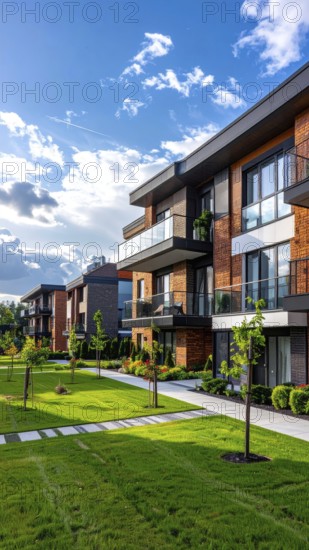 Modern apartment building with balconies and well-kept landscaping at sunset, Modern multifamily housing property with brick, siding facade features balconies, manicured lawns. Contemporary residential buildings offer urban living spaces, condominium options in scenic town, blue sky with a colorful sunrise, AI gererated, AI generated