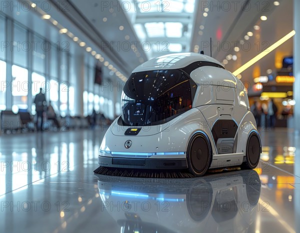 Autonomous cleaning roboter at modern airport terminal, showcasing advanced technology, daylight in the hall, the future of autonomous cleaning industry, AI generated
