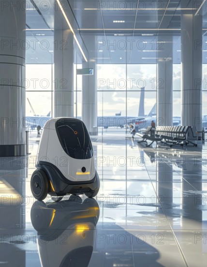 Autonomous cleaning roboter at modern airport terminal, showcasing advanced technology, daylight in the hall, the future of autonomous cleaning industry, AI generated