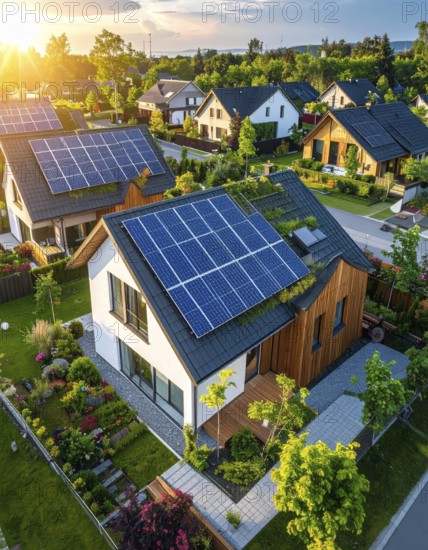 Aerial view showcases modern houses with solar panels and green roofs in a suburban setting, vibrant sunrise with blue sky, AI generated