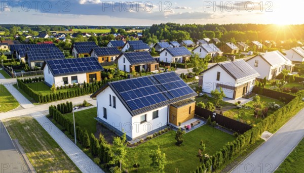 Aerial view showcases modern houses with solar panels and green roofs in a suburban setting, vibrant sunrise with blue sky, AI generated