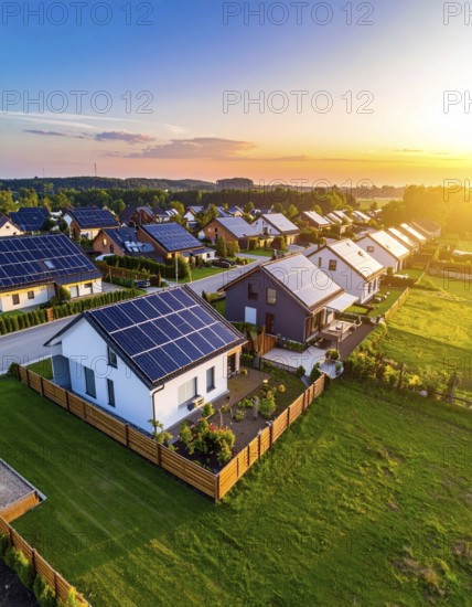 Aerial view showcases modern houses with solar panels and green roofs in a suburban setting, vibrant sunrise with blue sky, AI generated