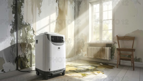 A specialized dehumidifier operates in a mold-infested room following water damage, Shell construction at construction site, AI generated