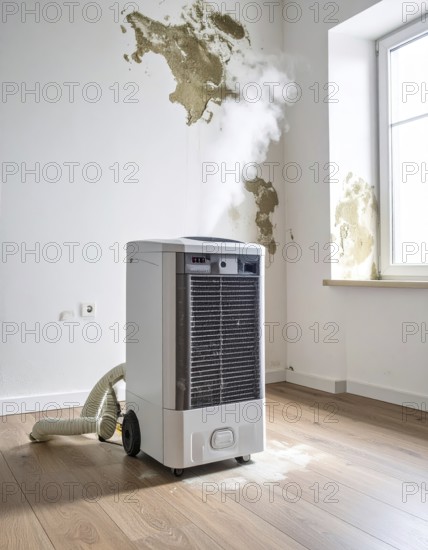 A specialized dehumidifier operates in a mold-infested room following water damage, Shell construction at construction site, AI generated