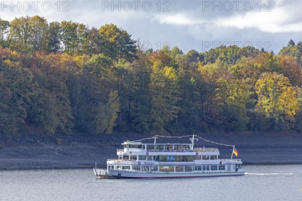 Excursion boat, Biggesee near Sondern, Olpe, Sauerland, North Rhine-Westphalia, Germany