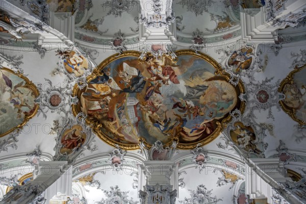 St. George and James Catholic Church, interior view, ceiling frescoes, Isny, Allgäu, Baden-Württemberg, Germany